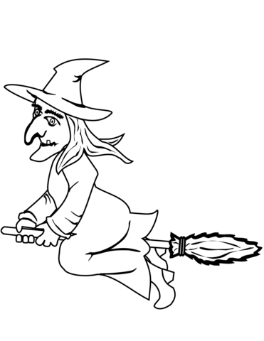 Halloween Witch On A Broom Coloring Page